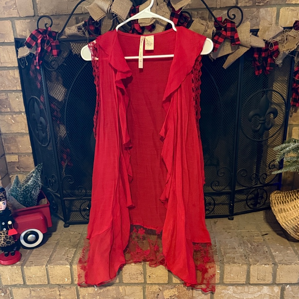 Chic Red Ruffled Vest with Lace Detail